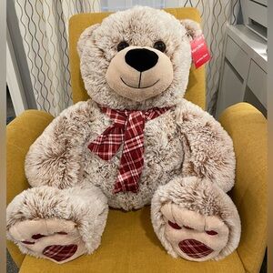 Plush Teddy Bear with Red Plaid Scarf